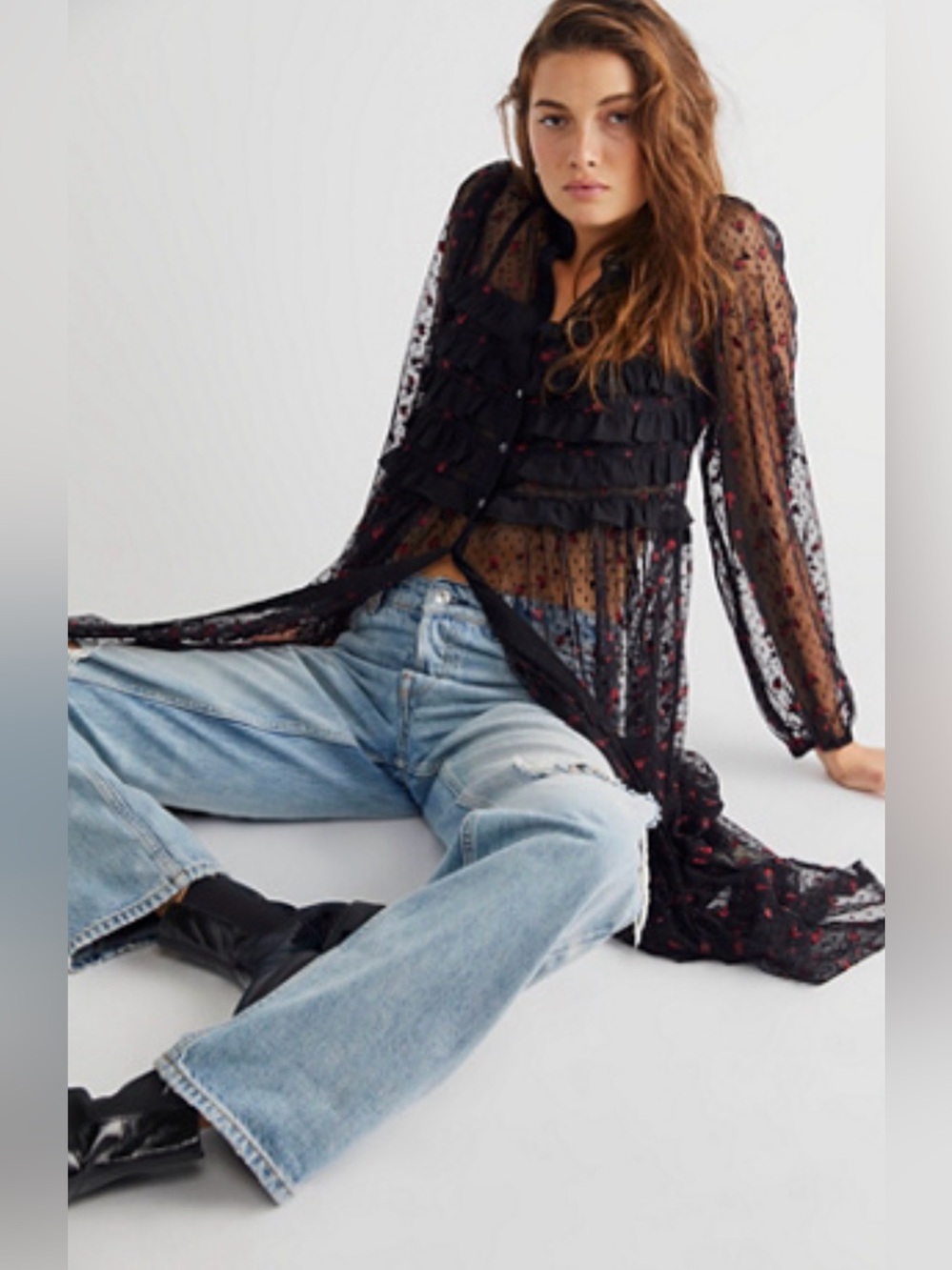 Free People Jacquard Mesh Black & Red Rose Maxi Dress / Top Sz medium